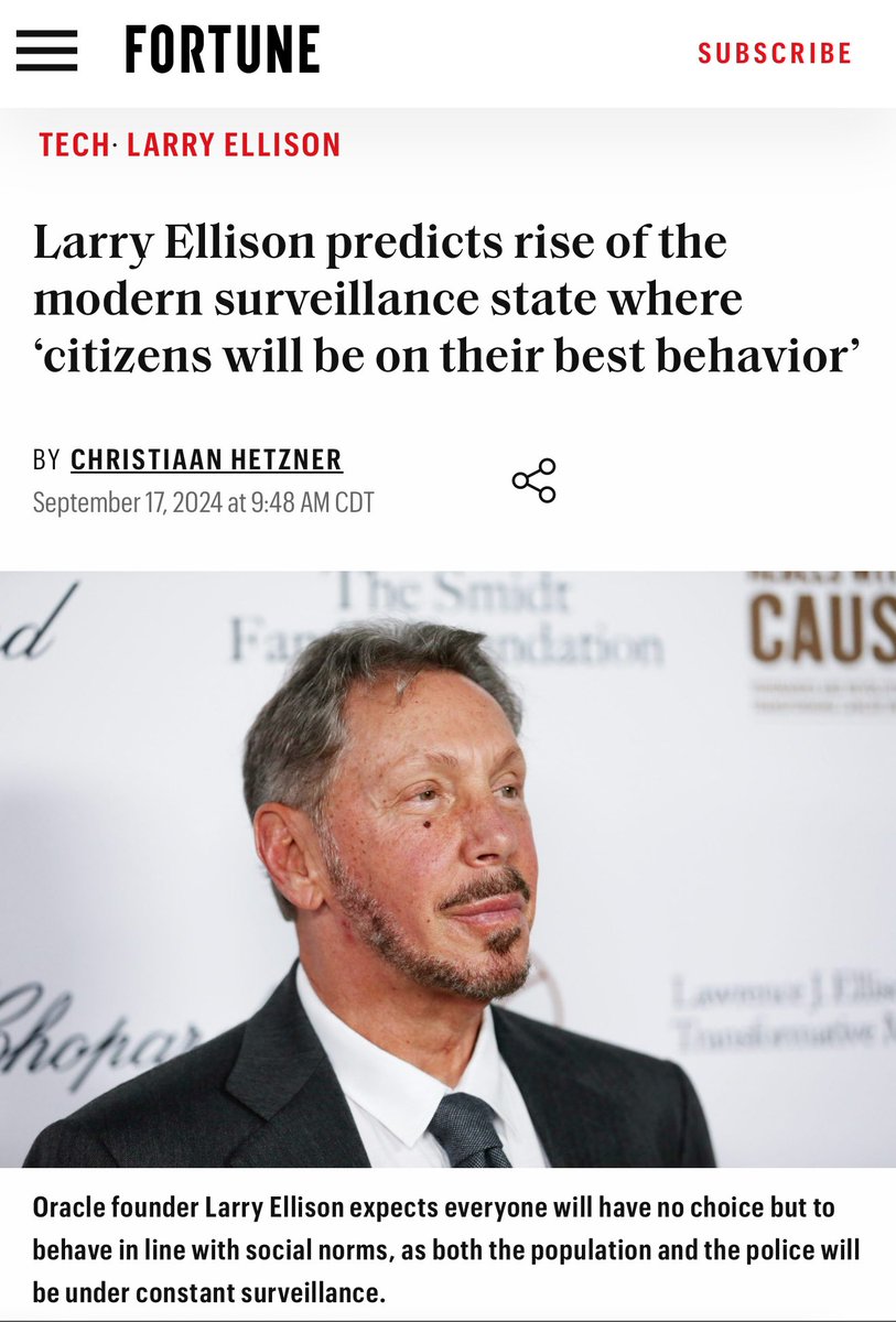 TPV_John's tweet image. Larry Ellison, who will be working with @realDonaldTrump on the AI Infrastructure initiative is not only a mad scientist who wants to craft individual mRNA “cancer vaccines” for every person, he is the literal EMBODIMENT of 1984 “Chinese Social Credit” style surveillance. 😳😳😳…