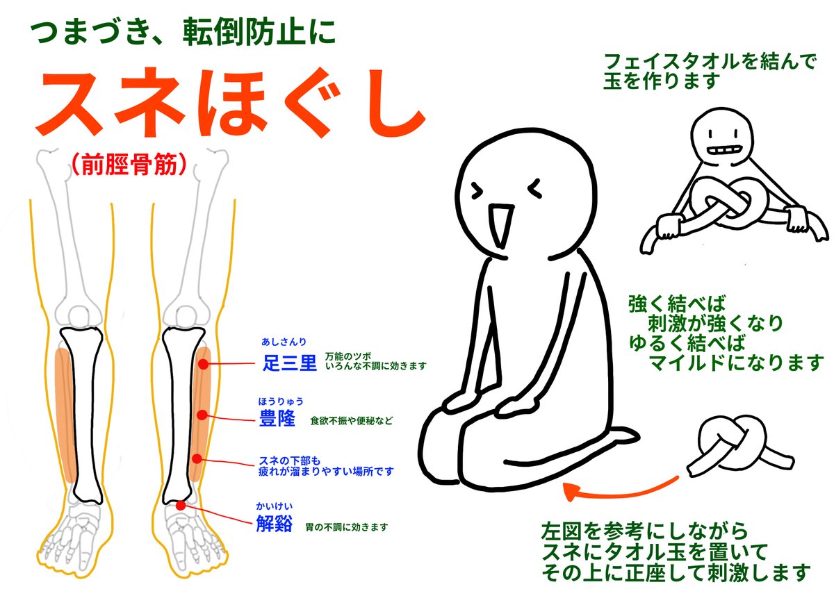 スネの筋肉(前脛骨筋)は
疲れやすい場所です
前脛骨筋はつま先を持ち上げる働きがあるので
この筋肉が疲れると
つまずきやすくなります
また 足三里は万能のツボ、長寿のツボとして
有名なので 合わせて刺激してみてください
