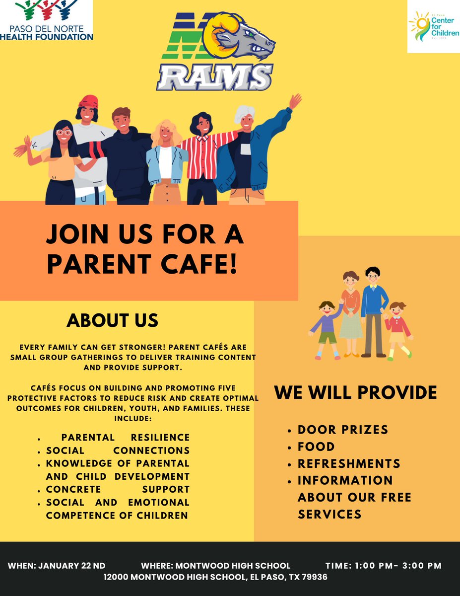 We will be hosting a Parent Cafe tomorrow at Montwood High School in room A226 from 1-3 pm. There will be food, refreshments and door prizes! See you all tomorrow!