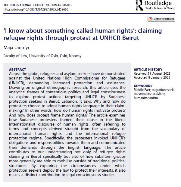 Hot off the press! 

My new article on refugee rights claiming through protest at UNHCR Beirut.

Free e-prints available here: tandfonline.com/eprint/IVH6PKG…