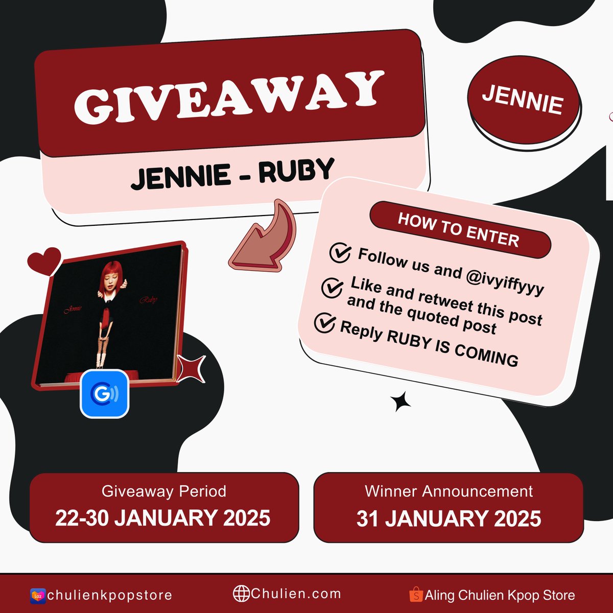 GIVEAWAY #chulienGA   

𝐉𝐄𝐍𝐍𝐈𝐄 - 𝐓𝐡𝐞 𝟏𝐬𝐭 𝐒𝐭𝐮𝐝𝐢𝐨 𝐀𝐥𝐛𝐮𝐦 [𝐑𝐮𝐛𝐲] Giveaway! 🇵🇭

1 Winner of  DIGIPACK VER.
2 Winners of 150php GCash
4 Winners of 50php GCash

• Follow us and <a href="/ivyiffyyy/">Ivyiffyy</a>
• Like and RT this post and the quoted post
• Reply RUBY IS COMING