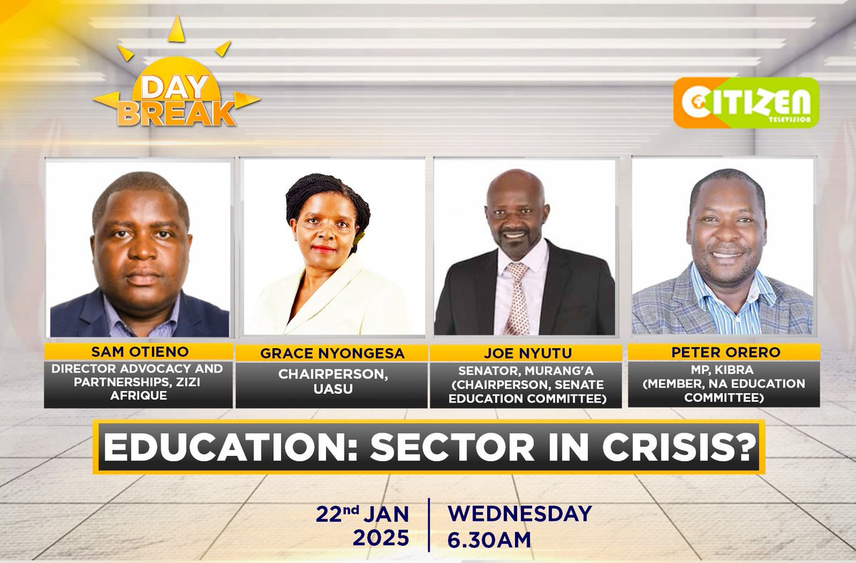 mizizielimu's tweet photo. Samuel Otieno, our Director of Advocacy and Partnership, joins other panelists live on @citizentvkenya , Day Break, to discuss "Education: Sector in Crisis." Tune in and be part of the conversation!
#CitizenTv #DayBreak #Education #LearningandThriving https://t.co/iL6PHtfg6v