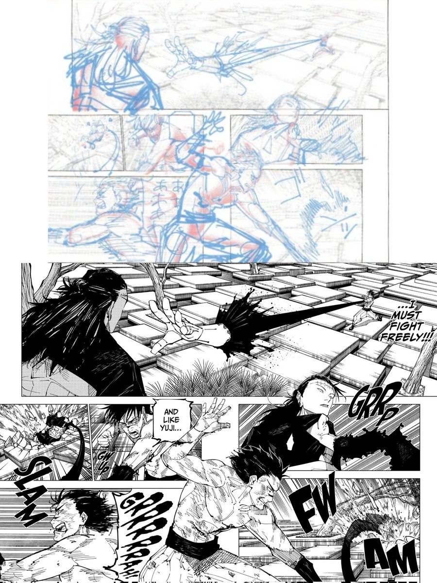 Go_Jover's tweet photo. Step 3: Drawing Characters

Once the background illustrations are completed, the 3D models from step 2 are overlaid on top. Akutami sensei then creates a rough draft of the characters based on these models. (During the inking stage, the 3D models are hidden) https://t.co/x2gfCzMLF2