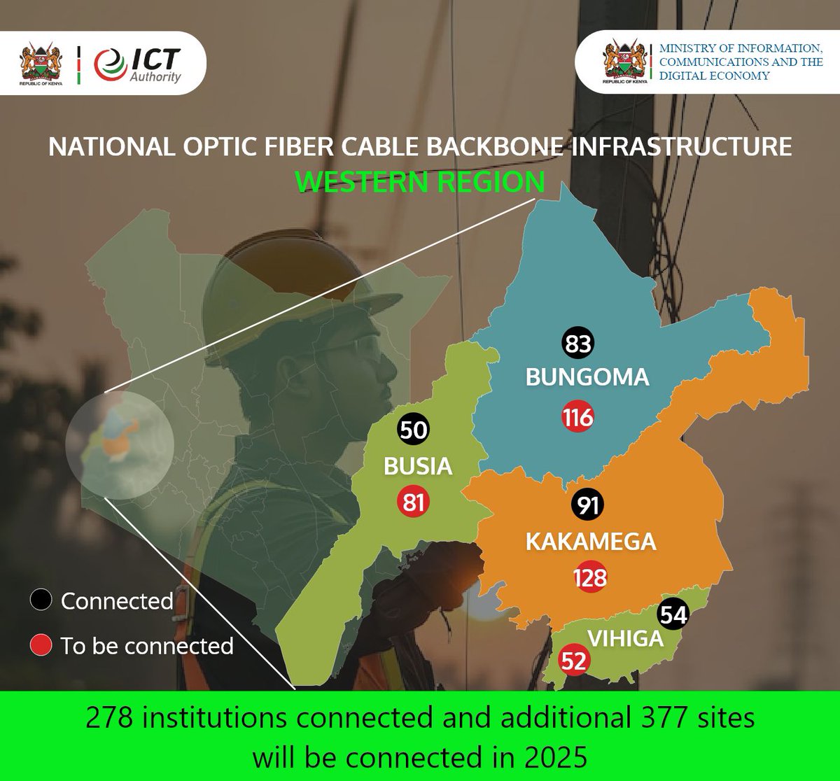 tanuijohn's tweet photo. #DigitalSuperhighway 
National Optic Fiber Cable Backbone Infrastructure in Western Region.
278 institutions have been connected and additional 377 sites will be connected in 2025.
@MoICTKenya , @ictdigitalke ,@ICTAuthorityKE https://t.co/5jyxaVWggP