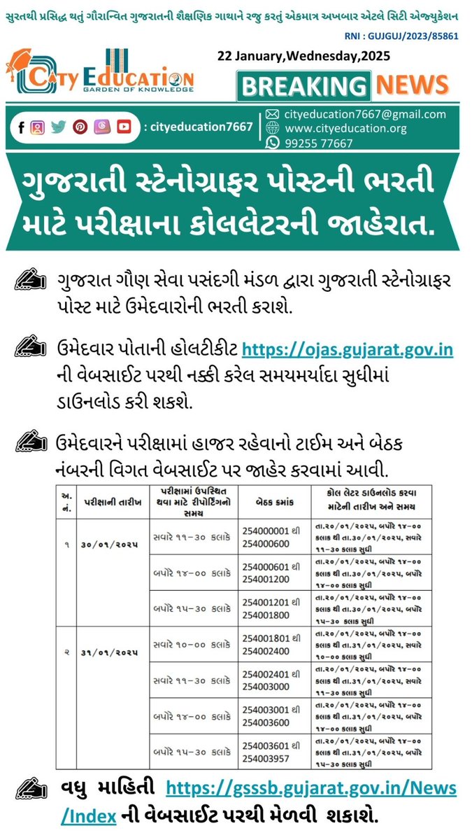 CityEducation76's tweet photo. 🔆ગુજરાતી સ્ટેનોગ્રાફર પોસ્ટની ભરતી માટે પરીક્ષાના કોલલેટરની જાહેરાત...
#news #newsupdate #exam #stenographer #callletter https://t.co/x2Bn2GBs9A