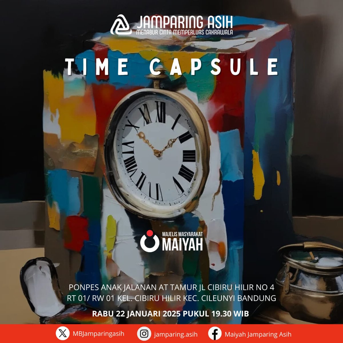 Majelis Masyarakat Maiyah: JAMPARING ASIH | JARAK DEMOKRASI | RABU, 22 JANUARI 2025 | Pukul 19:30 WIB | Ponpes Anak Jalanan At Tamur | Jl Cibiru Hilir No 4 RT 01/RW/01 Cibiru Hilir Cileunyi Bandung
#JamparingAsih #MaiyahBdg #Maiyahan #JAJan #MajelisMasyarakatMaiyah