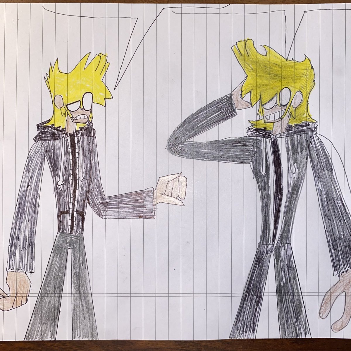 All I did was change the color and use pencil 

.

.
Matt: Sorry if this sounds rude, but who are you?
Mate: IM YOU FROM AN ALTERNATE REALM WHERE EVERYONE YOU KNOW AND DONT KNOW IS DRAWN IN THEIR ARTSTYLE BUT EVERYTHING ABOUT THEIR ARTSTYLE IS COMPLETELY WRONG.
Matt: …ok.