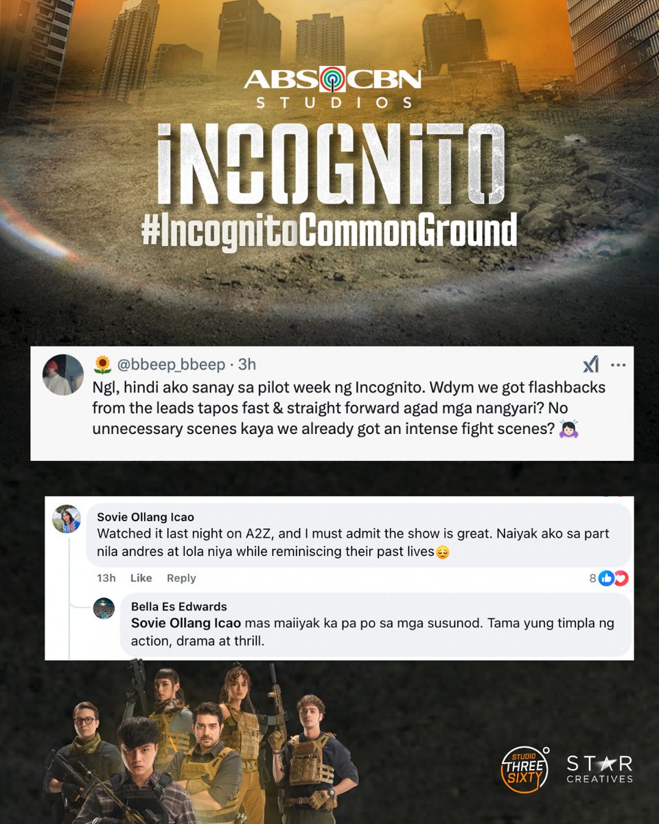 StarCreativesTV's tweet photo. 💬 “Ang brutal talaga!!… muntik ako sumigaw dito sa bus!”
💬 “mas maiiyak ka pa sa susunod. Tama yung timpla ng action, drama at thrill.”
💬 “exceeded my expectation… ‘di lang basta basta suntok at sipa na panlasangan…unang episode pa lang ang ganda na ng acting at drama” https://t.co/nYG3QLQuVQ