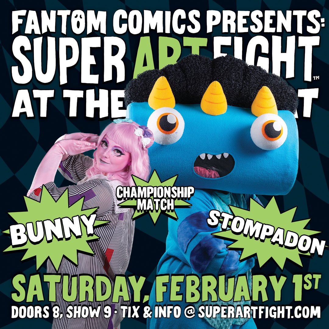 SuperArtFight's tweet photo. On February 1, Super Art Fight will be taking the stage of the Black Cat in Washington, DC!

We have four amazing matches with a halftime performance by Guyliner. All of this presented by DC’s own, Fantom Comics.

#blackcatdc #fantomcomics #superartfight https://t.co/vBQTJN3WRD