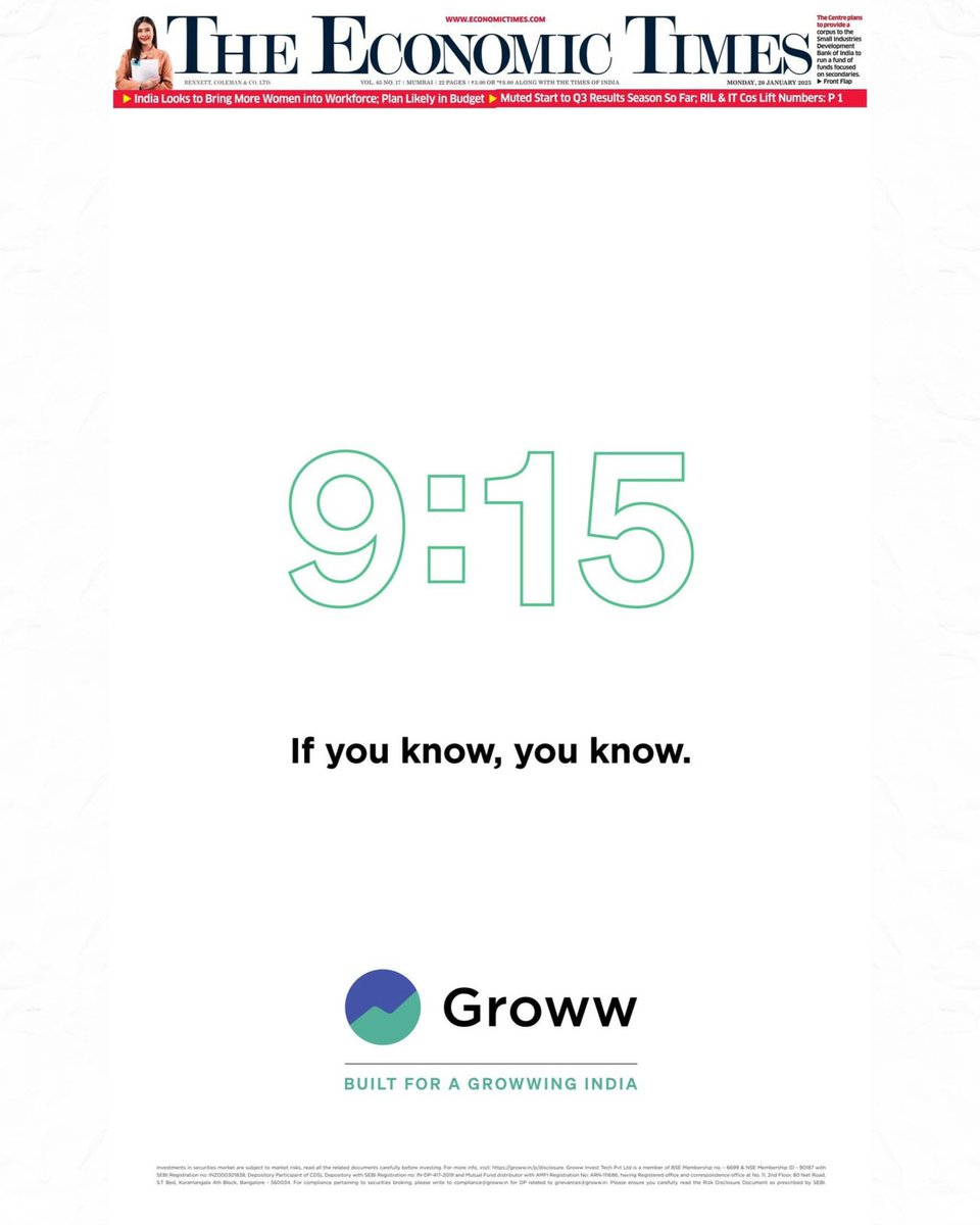 MarketingMind_'s tweet photo. Straightforward and effective, the ad focuses on “9:15”—the critical time when the market opens and traders begin their activities, setting the stage for a day of rapid decisions.
#MarketingMind #Groww #PrintAds #Creativity https://t.co/w3e2irY62g