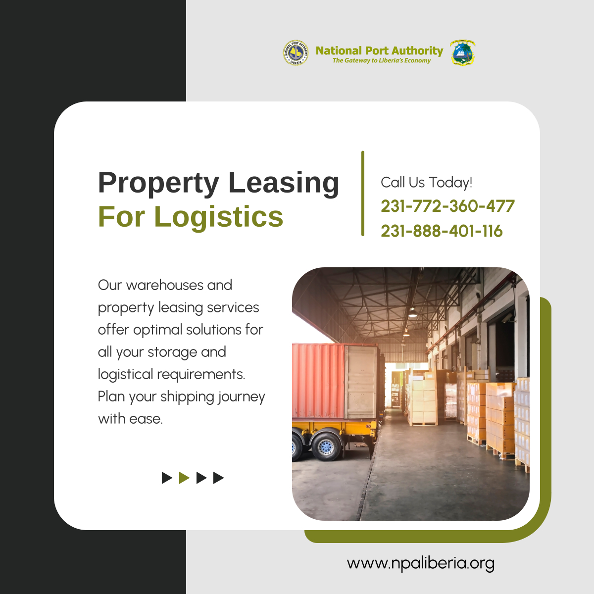 nationalport's tweet image. Simplify your storage and logistics with our efficient property leasing services, designed to meet all your needs seamlessly. 

#MonroviaLiberia #PortServices #PropertyLeasing