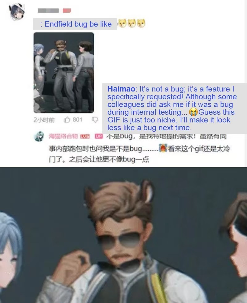 AKMemefield's tweet photo. On Chinese video platform Bilibili, someone posted about the "bug" in Endfield where this guy wears double sunglasses. Later, Haimao (the developer) showed up and clarified that it’s an intentional joke.🤣 

#EndfieldBetaTest #Arknights #ArknightsEndfield #gacha #memes #anime https://t.co/pqwVTtib6I