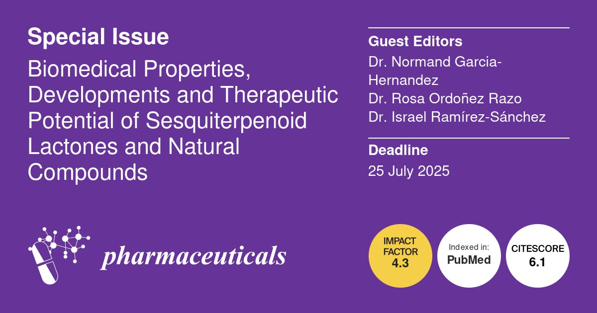 Pharmaceut_MDPI's tweet photo. 📢#Biomedical #Properties, Developments and Therapeutic Potential of #Sesquiterpenoid #Lactones and #Natural #Compounds
🎓Guest Editors: Dr. Normand Garcia-Hernandez @normand1974, Dr. Rosa Ordoñez Razo and Dr. Israel Ramírez-Sánchez
https://t.co/iB7j3XUSFW @MDPIBiologySubj https://t.co/wSWpA55Fbf