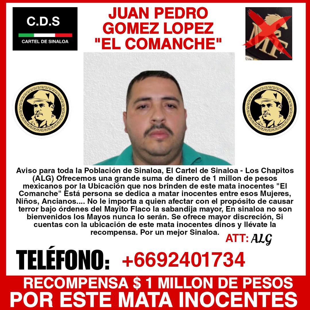 Los chapitos al ver que la del chavo Félix causó incertidumbre inicia la guerra de recompensas

Juan Pablo Gómez López aka: comanche

Recordando que el encargado de la ofensiva contra el comanche en costa rica bastión de los rugrats lleva semanas de enfrentamiento
#Sinaloa