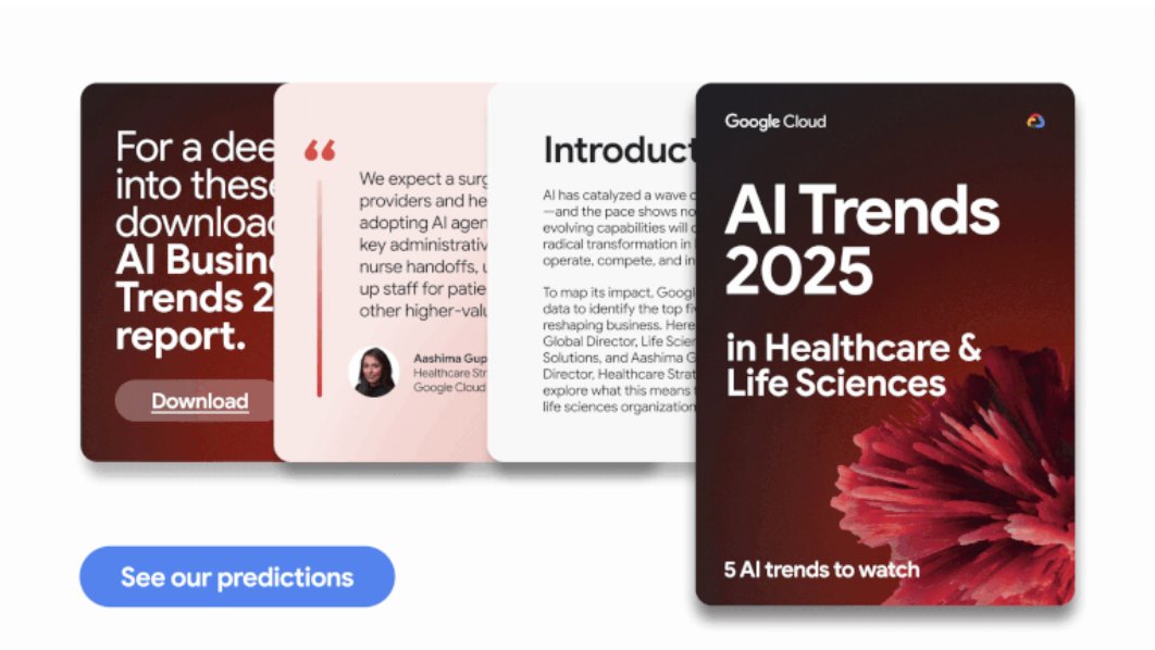 Sanjay Kalra, Digital Transformation Sherpa™️ (@sanjaykalra) on Twitter photo Excellent compilation of the #AI trends that will have most impact on #healthcare in 2025. Thanks <a href="/AashimaTweets/">aashima gupta</a>, <a href="/ShwetaManiar/">Shweta Maniar</a> and @GoogleCloud Healthcare team for putting this excellent study together.
<a href="/gcloudpartners/">Google Cloud Partners</a> <a href="/GoogleCloudTech/">Google Cloud Tech</a> <a href="/GoogleCloudSec/">Google Cloud Security</a>
cloud.google.com/resources/ai-t… Excellent compilation of the #AI trends that will have most impact on #healthcare in 2025. Thanks <a href="/AashimaTweets/">aashima gupta</a>, <a href="/ShwetaManiar/">Shweta Maniar</a> and @GoogleCloud Healthcare team for putting this excellent study together.
<a href="/gcloudpartners/">Google Cloud Partners</a> <a href="/GoogleCloudTech/">Google Cloud Tech</a> <a href="/GoogleCloudSec/">Google Cloud Security</a>
cloud.google.com/resources/ai-t…