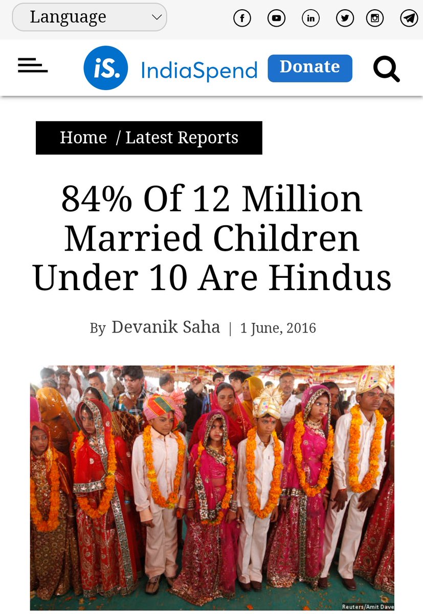 BroominsKaBaap's tweet photo. According to 2016 data, child marriages were very common among Hindus. 84% of the 12 million married children under the age of 10 were Hindus. https://t.co/X5Aj8Xr5Kp