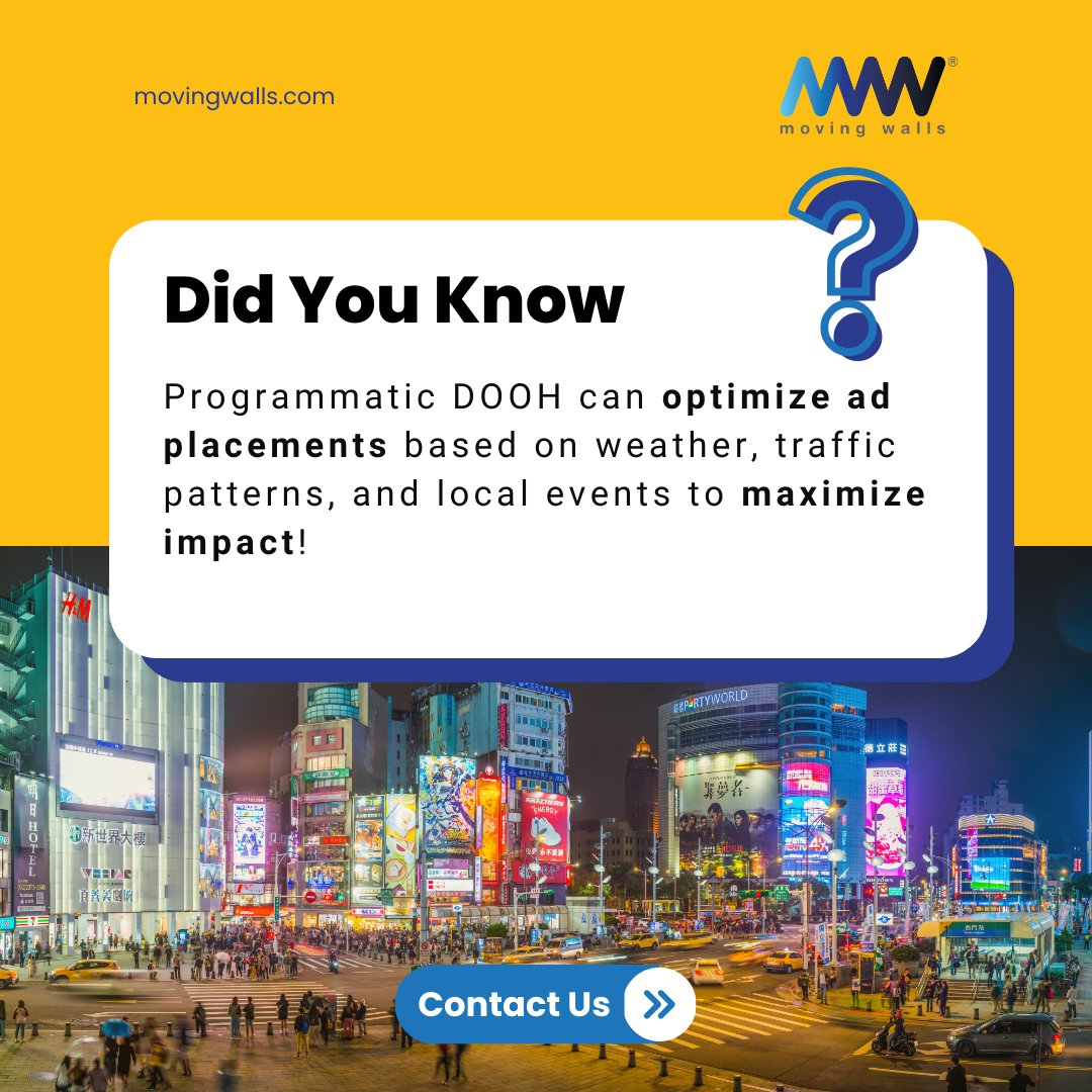 movingwalls's tweet image. Programmatic DOOH leverages real-time data like weather, traffic patterns, and local events to deliver highly targeted and impactful campaigns. 

Make your OOH campaigns smarter and more effective
Contact us today!

#ProgrammaticDOOH #TargetedAdvertising #NoBoundaries