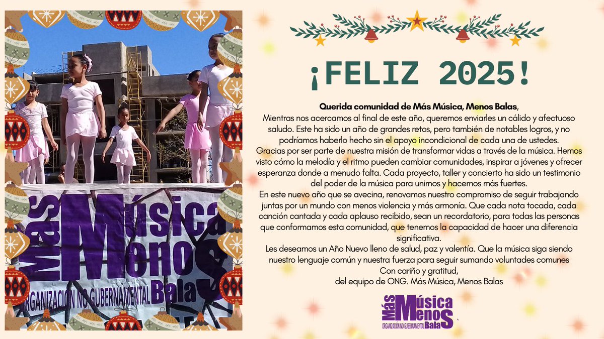 EN ESTE 2025 SIGUE COMPARTIENDO EL MENSAJE.

MÁS MÚSICA, MENOS BALAS!