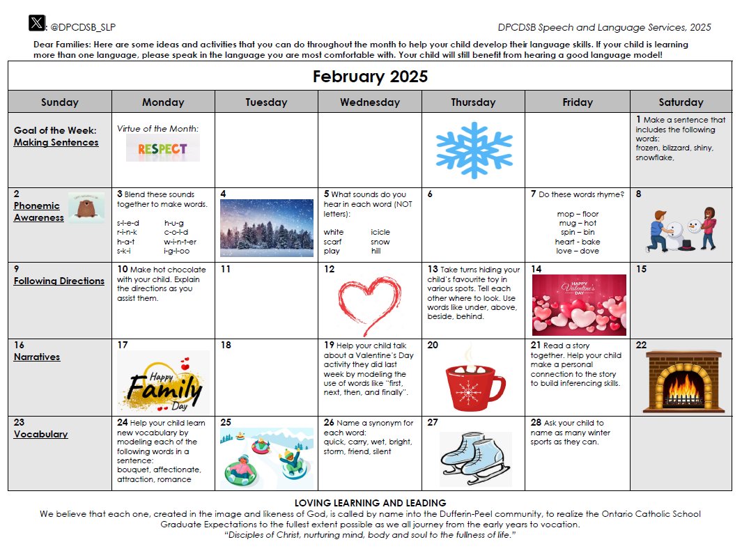DPCDSB_SLP's tweet image. 💜 February is here 💜 Wishing everyone a month filled with L🫶VE. Take a look at our monthly oral language calendar for more activities to target  💕 vocabulary, 💕 phonemic awareness, 💕 narratives, 💕 following directions, and 💕 making sentences!    #SLPTips #OralLanguage