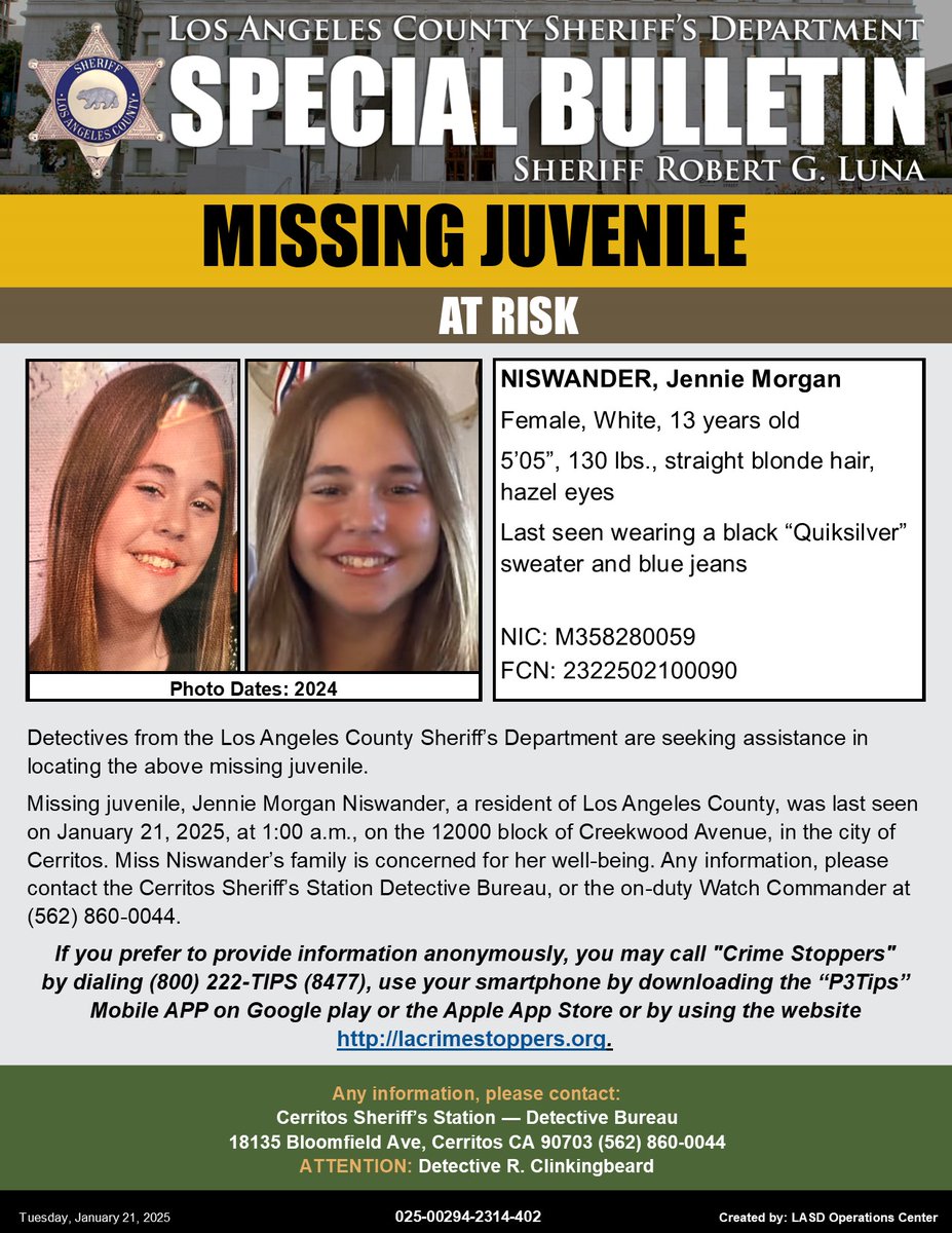 #LASD is Asking for the Public’s Help Locating Missing Person, Jennie Morgan Niswander #Cerritos
local.nixle.com/alert/11358333/