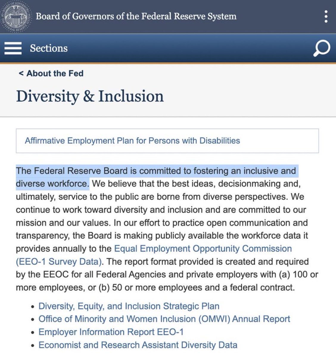 TheRabbitHole84's tweet image. DEI in the Fed with an affirmative action plan and everything. They even have a video of Jerome Powell endorsing DEI.
Time to abolish.