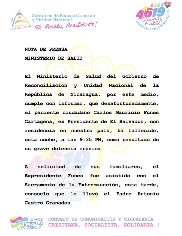 NoticieroHechos's tweet photo. #ULTIMAHORA El ministerio de salud de #Nicaragua confirmó el fallecimiento del expresidente @FunesCartagena. https://t.co/xbchvfI9Cz