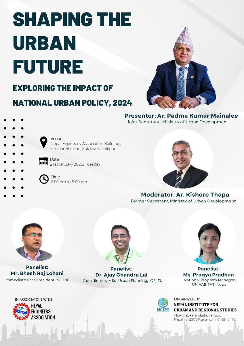 unhabitatnepal's tweet image. Seminar on &apos;National Urban Policy 2024&apos; organized by the Nepal Institute for Urban and Regional Studies (NIURS) in association with the Nepal Engineers&apos; Association (NEA) on January 21, 2025. #NationalUrbanPolicy2024 #InclusiveCities #SustainableUrbanDevelopment