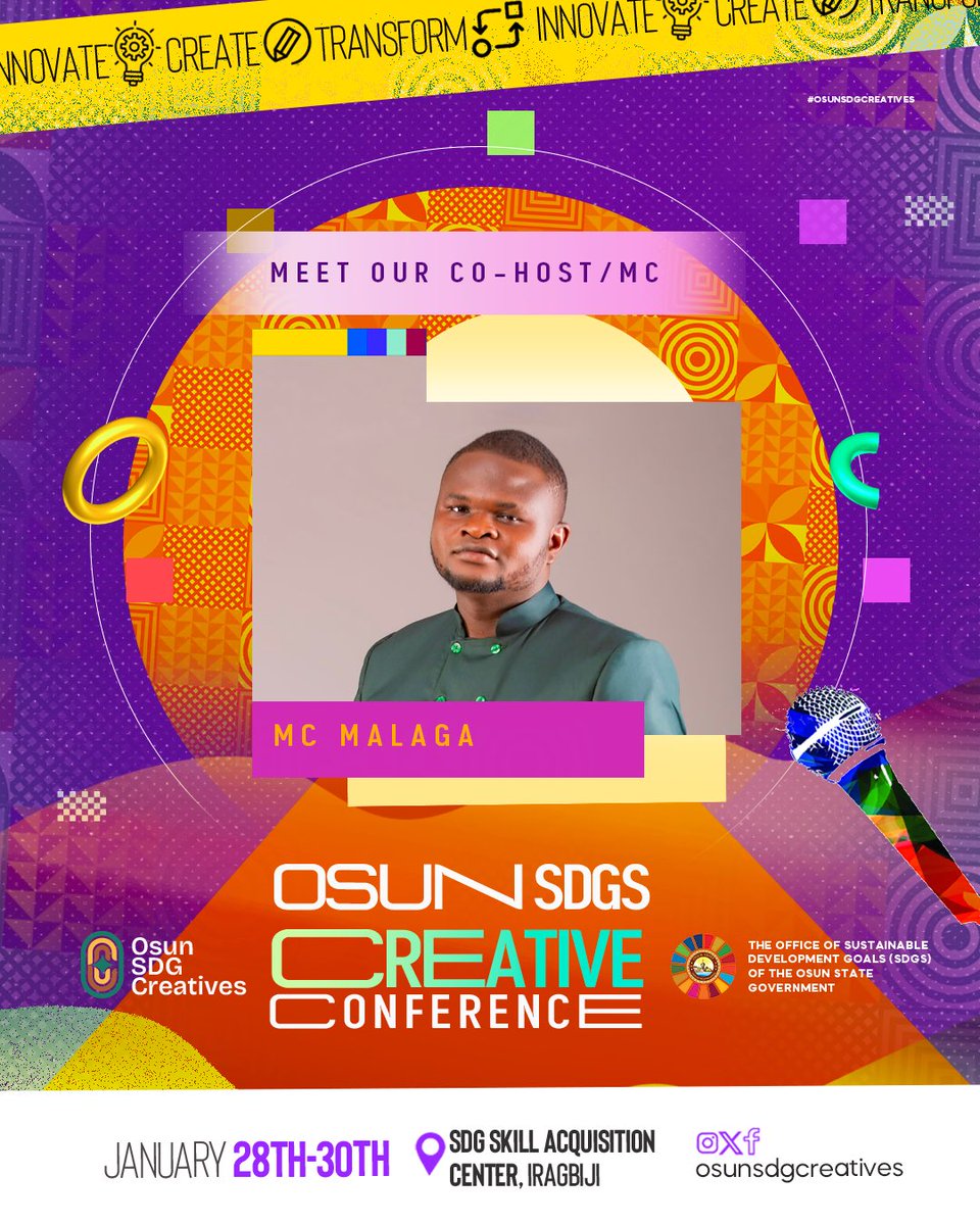 osunsdgcreative's tweet photo. Meet Our Co-host for the Osun SDG Creative Conference 2025!
We welcome Oluniyi Afolabi Isamotu, popularly known as MC-MALAGA, a broadcast journalist and distinguished public speaker with more than a decade of experience.
As a #RoyalMC that he regard himself and Distinguished Compere known for his eloquence, diction and commandeering voice on stage, he has played host to many top public, social and corporate events across the country including hosting a Presidential dinner most recently, and also a team member of the League of Comperes/MC for the Osun State Governor.
He is the brain behind the annual musical-comedy event #Melody4Comedy and principal partner of a national award event that celebrate creativity of Nigeria in the gospel music industry (#BEGOMEA_Award) including being a member of an organisation that celebrate Osun youths with an award of excellence annually.
He's the publisher and Editor-in-Chief of a news platform, PRIMEREPORTERSNG and digital media strategist that has worked with different coys and political functionaries which includes former Vice President of Nigeria, a Distinguished Senator of FRN and currently as an Aide to Governor Ademola Adeleke.
#OsunSDGCreatives
#OsunSDGCreativeConference2025
#CulturalInnovation