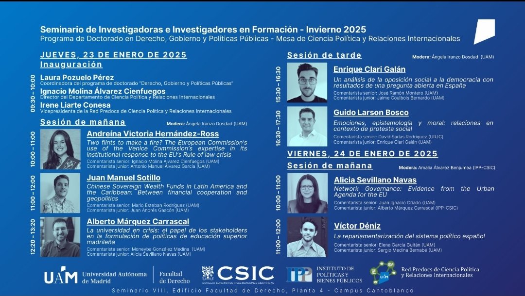 IT_GesPub (@it_gespub) on Twitter photo 💥 Mañana comienza la Edición de Invierno del Seminario de Investigadores en Formación (SIF) en el Departamento de Ciencia Política y RRII <a href="/derecho_uam/">Facultad de Derecho | UAM</a>
👉 Acércate a conocer las tesis en curso de l@s investigador@s en formación 📖
⬇️Programa Completo⬇️ 💥 Mañana comienza la Edición de Invierno del Seminario de Investigadores en Formación (SIF) en el Departamento de Ciencia Política y RRII <a href="/derecho_uam/">Facultad de Derecho | UAM</a>
👉 Acércate a conocer las tesis en curso de l@s investigador@s en formación 📖
⬇️Programa Completo⬇️