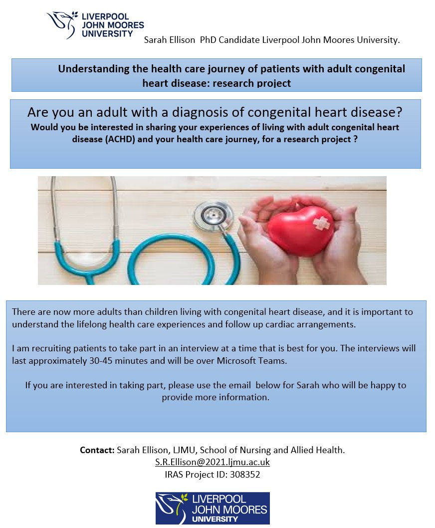 NENC_CHDN's tweet image. 📢 New research study alert! 
Are you an adult living with congenital heart disease? If you would like to share your health care journey, please contact Sarah to find out more about her study 
📷 s.r.ellison@2021.ljmu.ac.uk