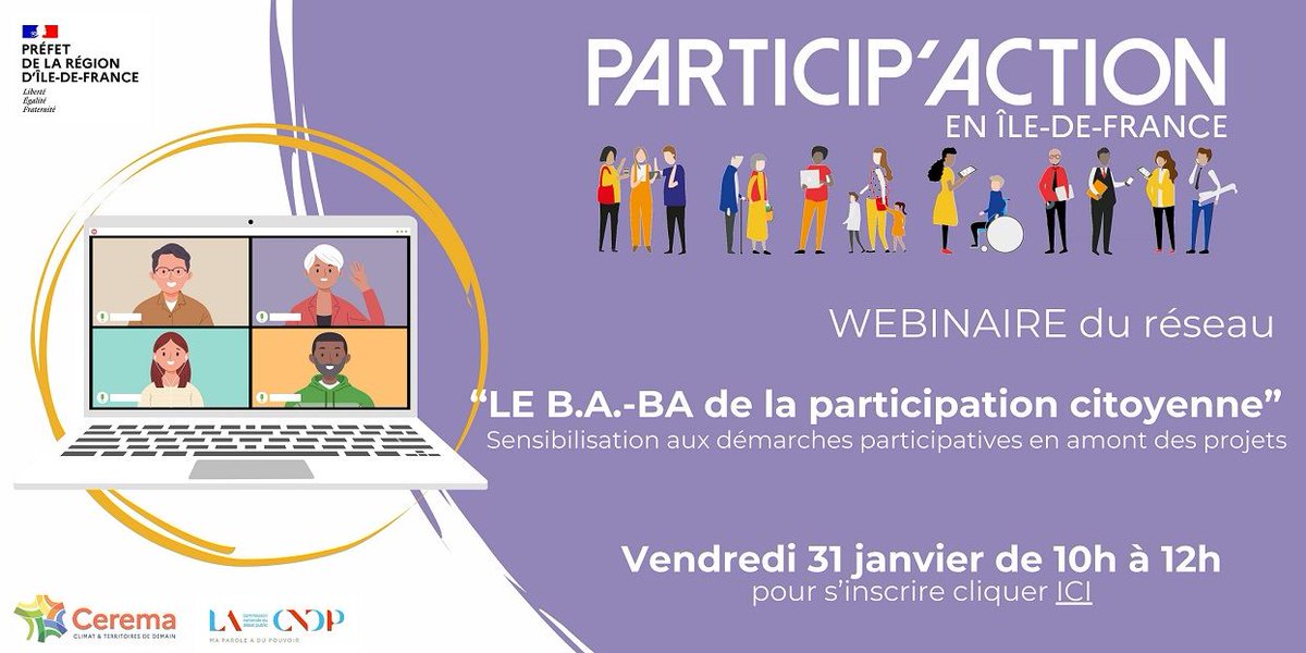 CeremaCom's tweet photo. 📅31/01 : #webinaire de sensibilisation à la #Participationcitoyenne
👉 Inscription : https://t.co/ggEBfDt4Ya
Avec N. Durand de la @CNDPDebatPublic, I. Robinot-Bertrand du #Cerema &amp; C. Guichard de la #DRIEAT
#ParticipAction #CeremaExpertise https://t.co/iTCgMuWfip