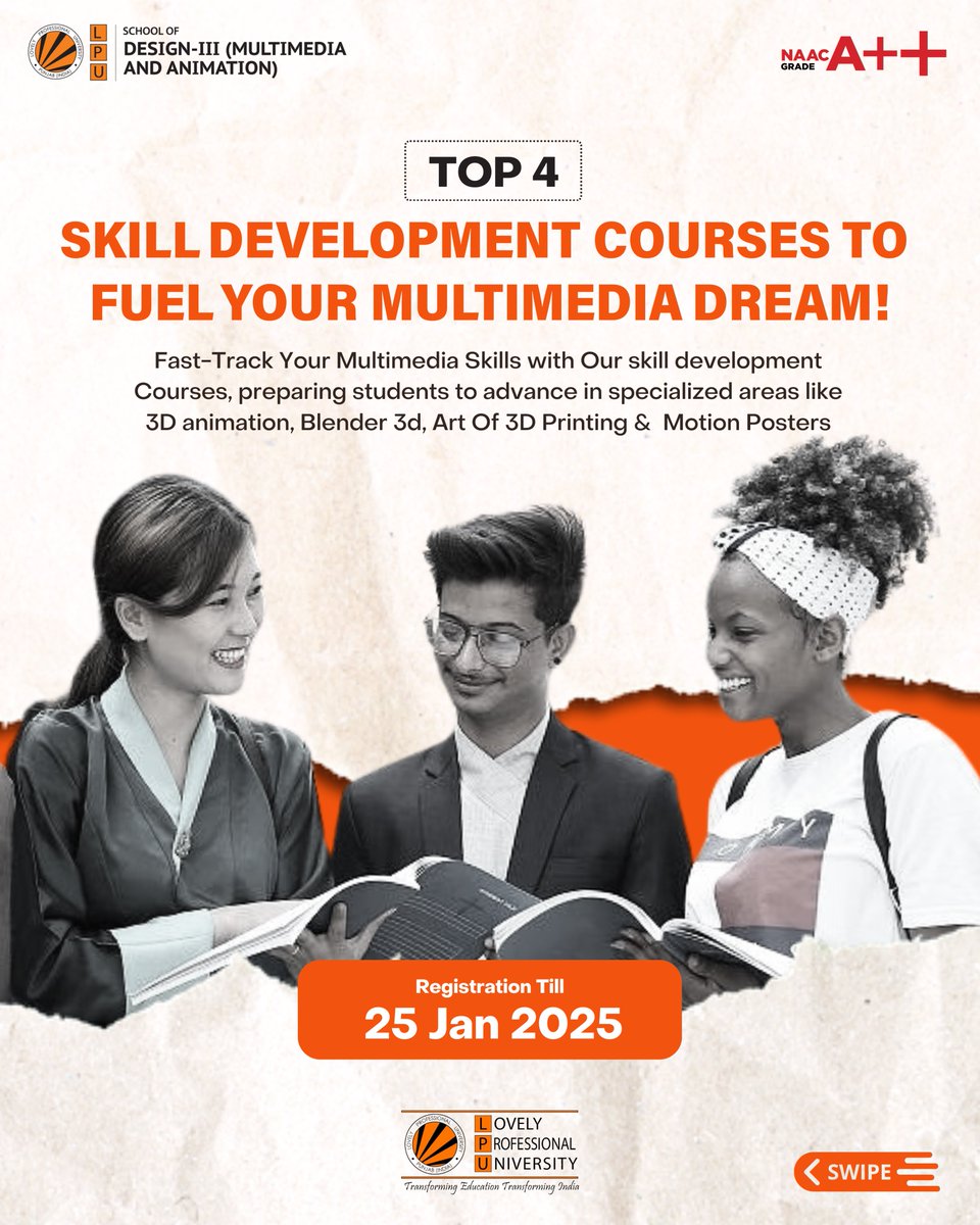 LPUMultimedia's tweet image. Boost your expertise with skill development courses delivered by LPU experts!
Register now and step into a world of learning and growth.
Visit: skilldevelopment.lpu.in

 #SkillDevelopment #LearnWithExperts #lpueducation #LPUMultimedia #Admissions2025 #CreateYourFuture #Animation