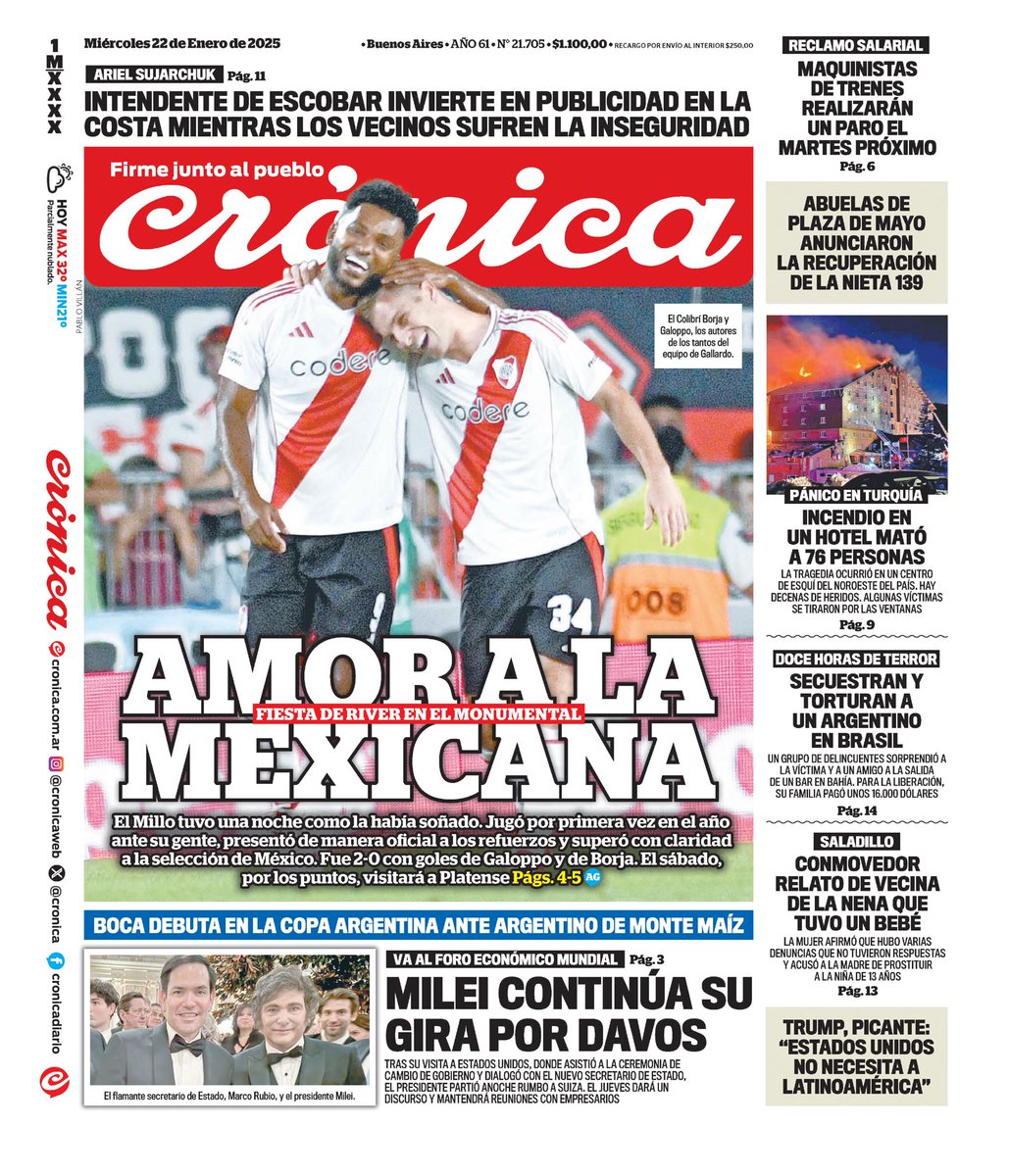 WalterVerst's tweet photo. #BuenDía y #BuenMiércoles para todos!!!
A continuación, las portadas de los diarios de hoy #Miércoles 22/1/2025 #22deEnero #22Ene2025 #22E.

#DiarioPopular 
#Crónica https://t.co/V9wqqHVAUW