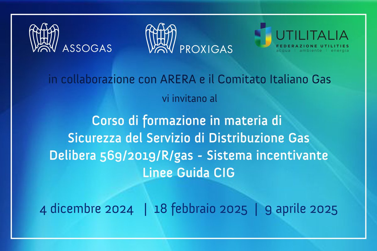 Si terrà il 18 febbraio a Bari il secondo incontro formativo gratuito a cura di <a href="/ARERA_it/">ARERA</a> e <a href="/CIGnorme/">CIG</a> sulle Linee Guida CIG in materia di sicurezza del servizio di distribuzione del gas naturale. Per iscriversi: shorturl.at/KuihP