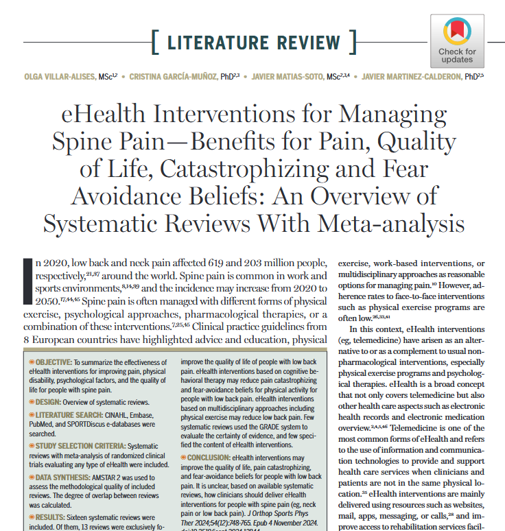JOSPT's tweet image. eHealth interventions may improve the quality of life, pain catastrophizing, and fear-avoidance beliefs for people with #LowBackPain

However, we're still not sure what the best ingredients are for eHealth programs

Learn more ➡️ ow.ly/FsHW50UxrQX

#yourJOSPT #Review