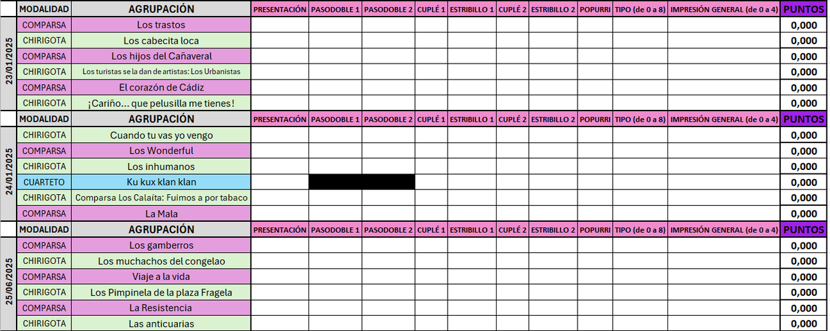 Davidcv96_'s tweet photo. 🖍️Para el que quiera "jugar" a ser jurado DE LAS PRELIMINARES DEL COAC!  

He elaborado un Excel dividido por sesiones/agrupaciones.  

🥳SOLO TENÉIS QUE PONER VUESTRA PUNTUACIÓN, ¡LA MEDIA SE HACE SOLA!

‼️ Si lo queréis solo tenéis que pedírmelo!

#COAC2025OC #COAC2025 https://t.co/JXGWuB8OFc