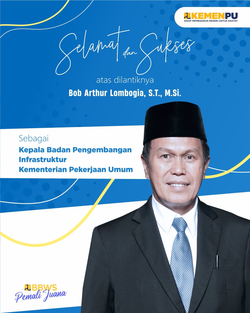 Selamat dan Sukses atas dilantiknya Ir. Bob Arthur Lombogia, M.Si sbg Kepala Badan Pengembangan Infrastruktur Wilayah, Kementerian Pekerjaan Umum. Semoga amanah dalam menjalankan tugas dan membawa kemajuan bagi pengembangan infrastruktur wilayah di Indonesia.