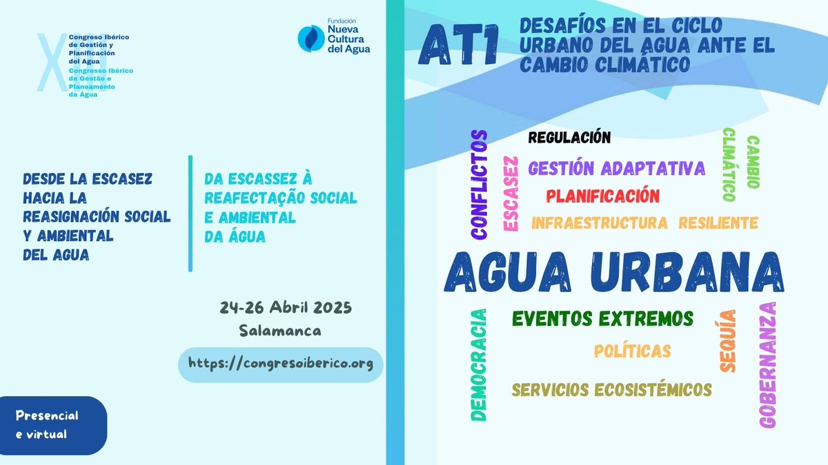 AT1 del XIII #CongresoIbéricoAgua: desafíos en el #ciclourbanodelagua ante el #cambioclimático.
Si tienes alguna experiencia o investigas esperamos tu comunicación antes del 14.02.25.
Presencialmente en #Salamanca u #online desde la comodidad de tu 🏡 congresoiberico.org/normas/