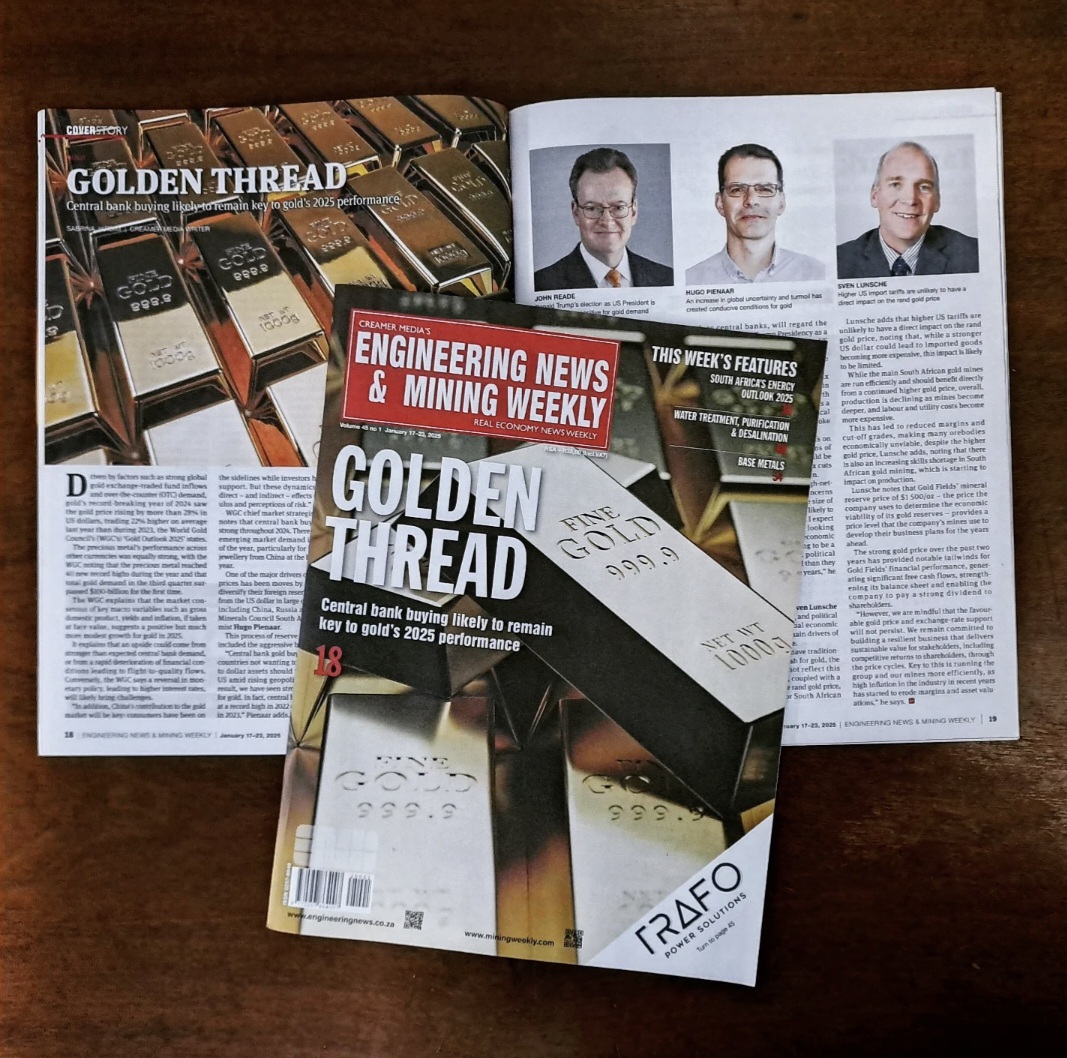 PolityZA's tweet image. 𝐆𝐎𝐋𝐃𝐄𝐍 𝐓𝐑𝐇𝐄𝐀𝐃: This week’s @EngNewsZA &amp;amp; @MiningWeekly explores 2024 gold market themes, central bank buying, SA’s Energy Outlook 2025, Water Treatment, Base Metals &amp;amp; more.

#MiningNews #Gold #MiningWeekly