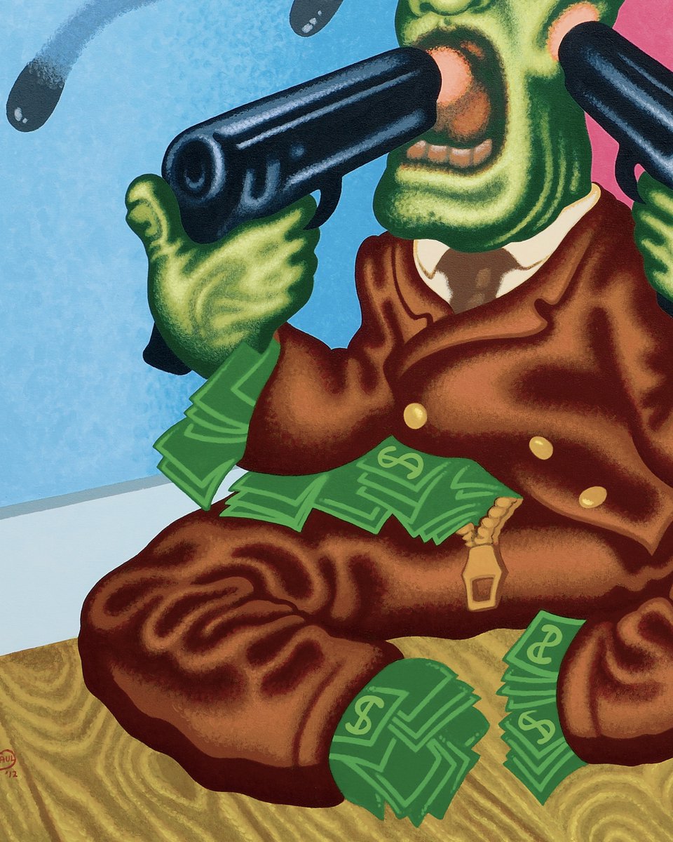 “The important thing is that a work has to look fresh, to be as original as possible. That means it has to have its own idea and psychology. I try to make it worth looking at, to turn it into a sensation.” 
– #PeterSaul

‘Wall Street Suicide’, 2012. Acrylic on canvas, 178×152 cm.