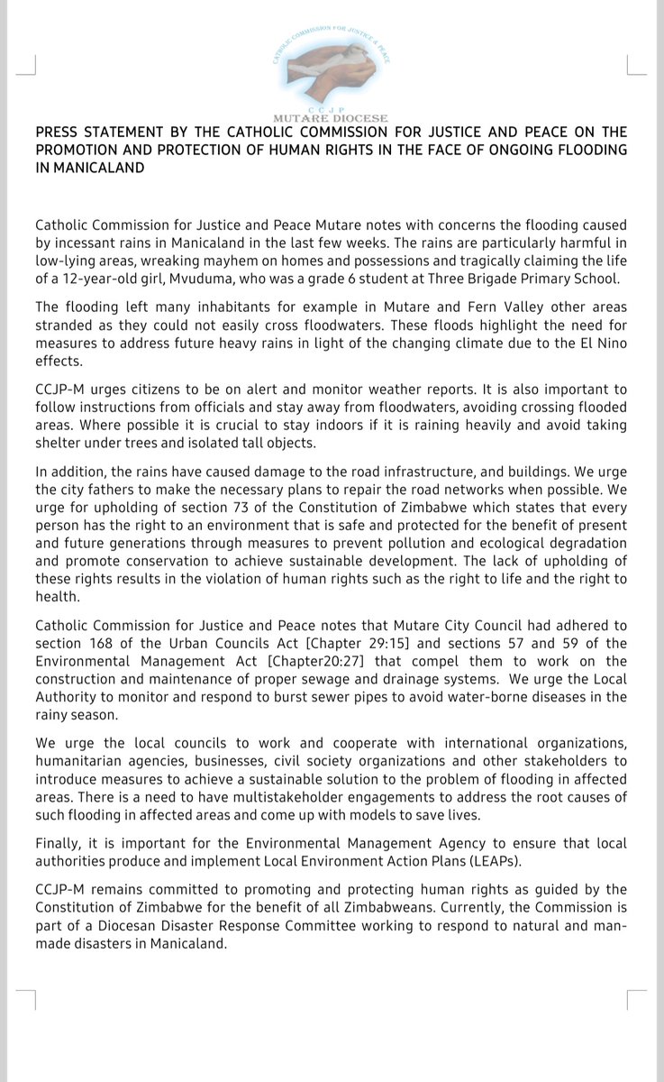 Press Statement by The Catholic Commission for Justice and Peace Mutare Diocese on the promotion and protection of Human Rights in the face of ongoing flooding in Manicaland