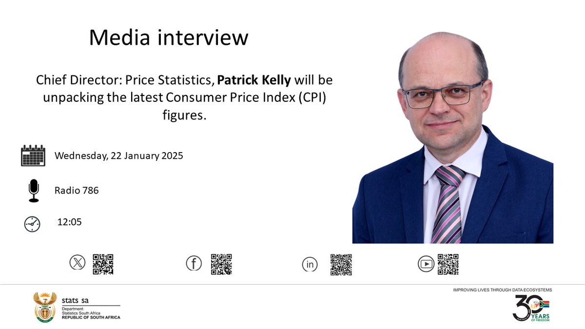 StatsSA's tweet photo. 📻 #ZAinflation inches higher to 3,0%. Join Chief Director: Price Statistics, Patrick Kelly, on @radio786online as he unpacks the latest Consumer Price Index (CPI) figures.

Read more here: https://t.co/dR4qpxXnMW

#StatsSA #GovZAUpdates https://t.co/RIVN4AEJ5u