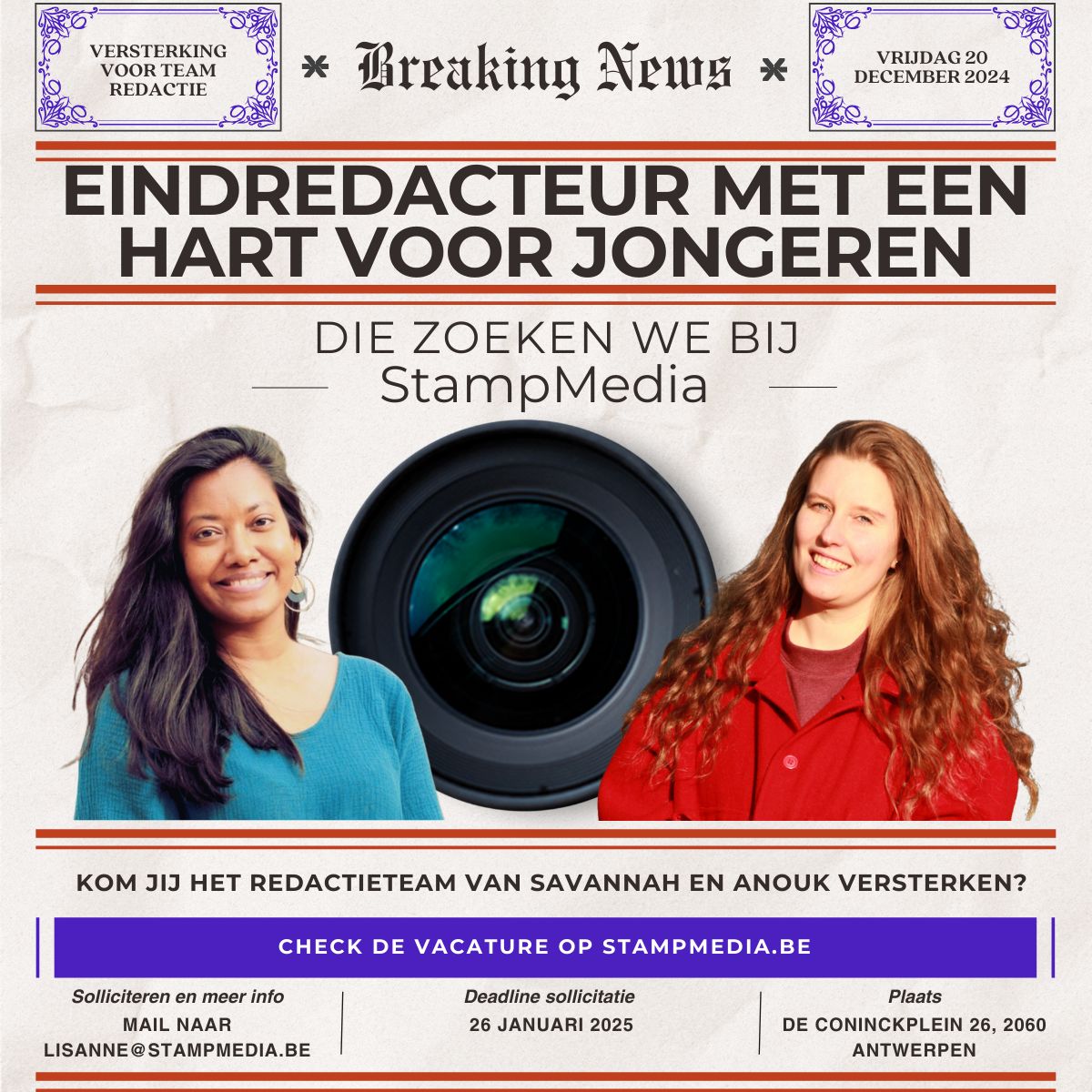 Anouk Meetu Torbeyns (@anouktorbeyns) on Twitter photo Je kan nog tot en met 26 januari solliciteren om de nieuwe eindredacteur tekst bij <a href="/StampMedia/">StampMedia</a> te worden. Je begeleidt jongeren in het versterken van hun stem in de media en maatschappij door hen te ondersteunen in het maken van nieuws en media. stampmedia.be/vacature-eindr… Je kan nog tot en met 26 januari solliciteren om de nieuwe eindredacteur tekst bij <a href="/StampMedia/">StampMedia</a> te worden. Je begeleidt jongeren in het versterken van hun stem in de media en maatschappij door hen te ondersteunen in het maken van nieuws en media. stampmedia.be/vacature-eindr…