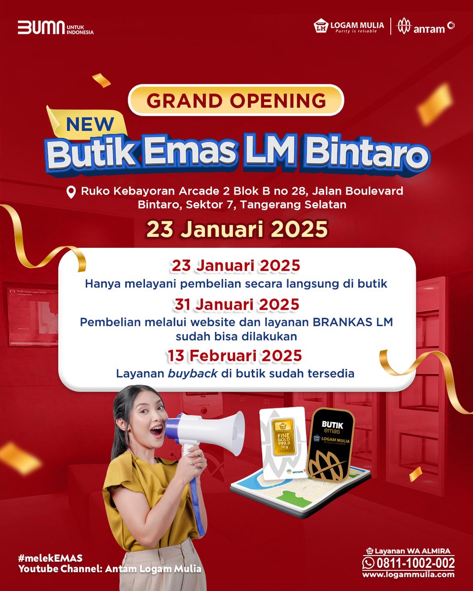 LogamMuliaAntam's tweet photo. 🎉 Warga Bintaro, Tangerang Selatan, kabar bahagia untuk kalian! 🎉

Butik Emas Logam Mulia (BELM) akhirnya hadir di Bintaro! 

#ANTAMLogamMulia #LogamMulia #EmasANTAM #EmasLM #EmasituANTAM #MelekEmas #UntungPunyaEmas #ButikEmasLMBintaro #BELM #InvestasiCerdas #EmasDekatmu https://t.co/8g7ZNPIyiX