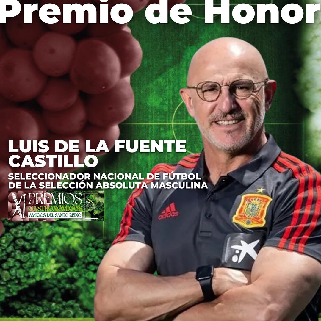 🏆 𝗣𝗿𝗲𝗺𝗶𝗼 𝗱𝗲 𝗛𝗼𝗻𝗼𝗿 de los Amigos del Santo Reino

Luis de la Fuente Castillo (nacido el 21 de junio de 1961 en Haro, La Rioja) es un exfutbolista y actual entrenador español. 

En diciembre de 2022, asumió el cargo de seleccionador nacional absoluto.