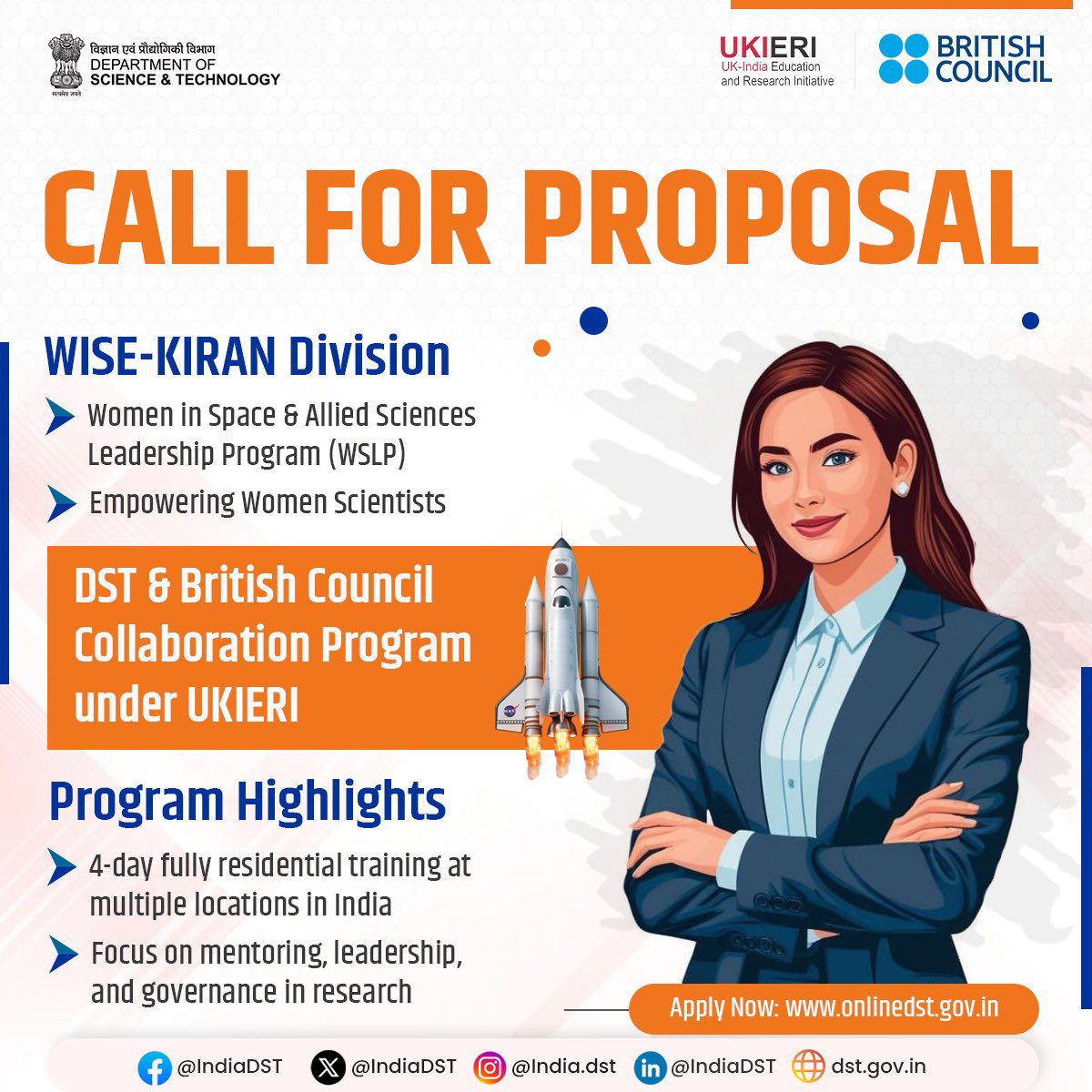 IndiaDST's tweet photo. Empowering women scientists!🚀 
  
The Women in Space &amp; allied sciences Leadership Program (WiSLP) brings opportunities to build leadership skills &amp; to advance your career in research📝  

#WomenInStem 

📢 Apply now!  
https://t.co/77coGg13Wz https://t.co/tp8oZDxLRN