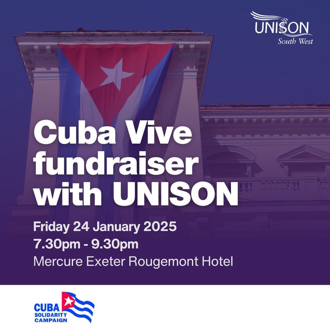 UNISON South West (@unisonsw) on Twitter photo Join us this Friday for an inspiring evening in support of Cuba Vive! ๐จ๐บ
๐ 7:30 PM, Fri 24 January
๐ Mercure Exeter Rougemont Hotel
Hear from incredible speakers, enjoy a short film from <a href="/CubaSolidarity/">Cuba Solidarity Campaign</a> & refreshments.
๐ Book now: unsn.uk/CubaFringe Join us this Friday for an inspiring evening in support of Cuba Vive! ๐จ๐บ
๐ 7:30 PM, Fri 24 January
๐ Mercure Exeter Rougemont Hotel
Hear from incredible speakers, enjoy a short film from <a href="/CubaSolidarity/">Cuba Solidarity Campaign</a> & refreshments.
๐ Book now: unsn.uk/CubaFringe