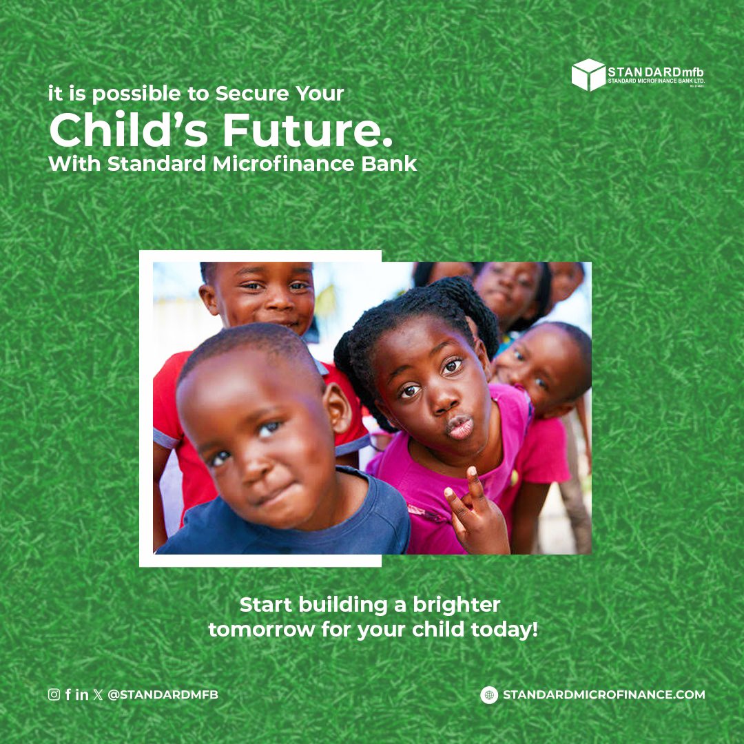 Standardmfb's tweet image. Secure Your Child’s Future Today!
With Standard Microfinance Bank

Give your child the gift of financial security with our Child Savings Plan.

Standard Microfinance Bank – Your Partner for a Better Future.

#StandardMicrofinanceBank
#MicrofinanceBank
#ChildFuturePlanning