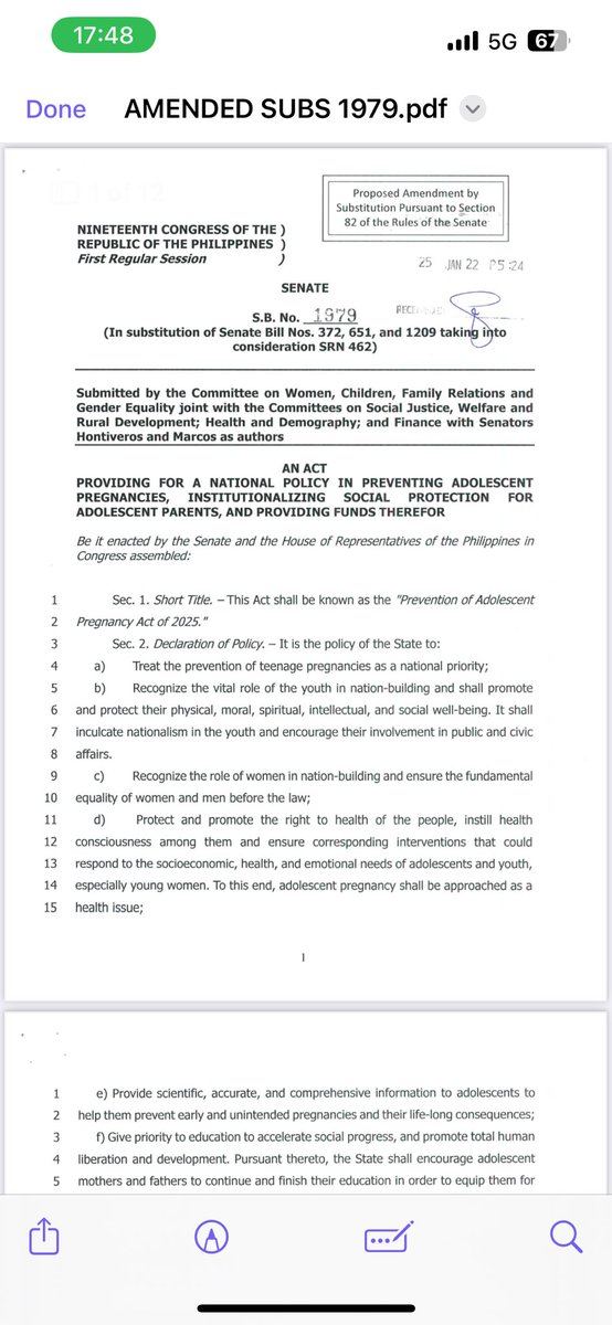 inquirerdotnet's tweet photo. JUST IN: Deputy Minority Leader Risa Hontiveros files a substitute bill, amending contentious provisions of Senate Bill No. 1979. 

Changes made through the substitute measure are as follows:
• Removal of the phrase "guided by international standards" 
• Comprehensive Sexuality Education is now limited to adolescents or individuals 10 years old and above 
• Introduction of a provision guaranteeing academic and religious freedom | @charieabarcaINQ