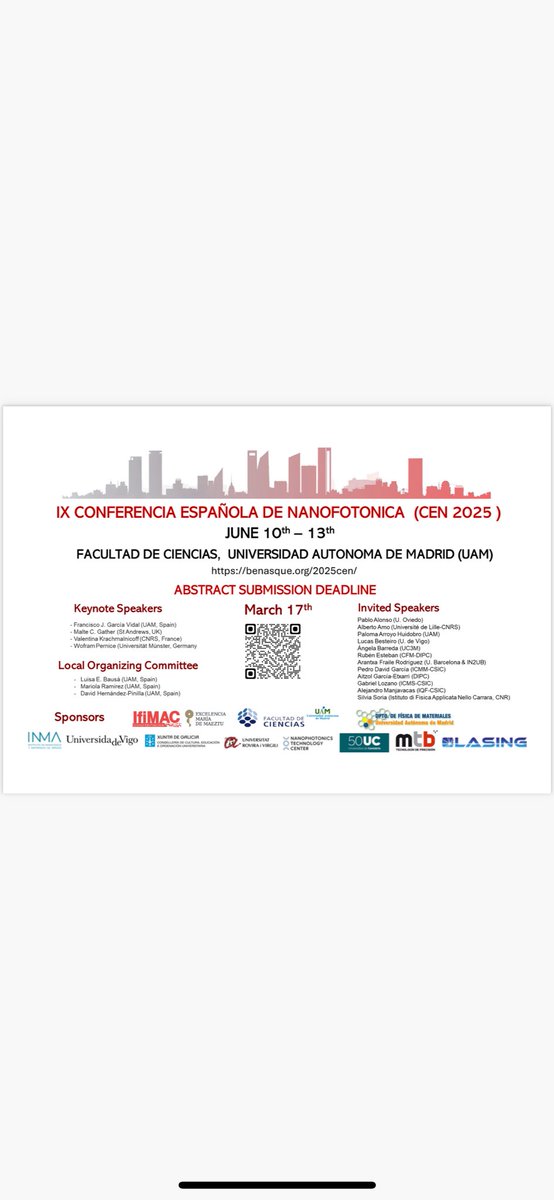 Do not miss the deadline for the CEN25 (Conferencia Española de Nanofotónica) which is going to take place in Madrid!!!

benasque.org/2025cen/